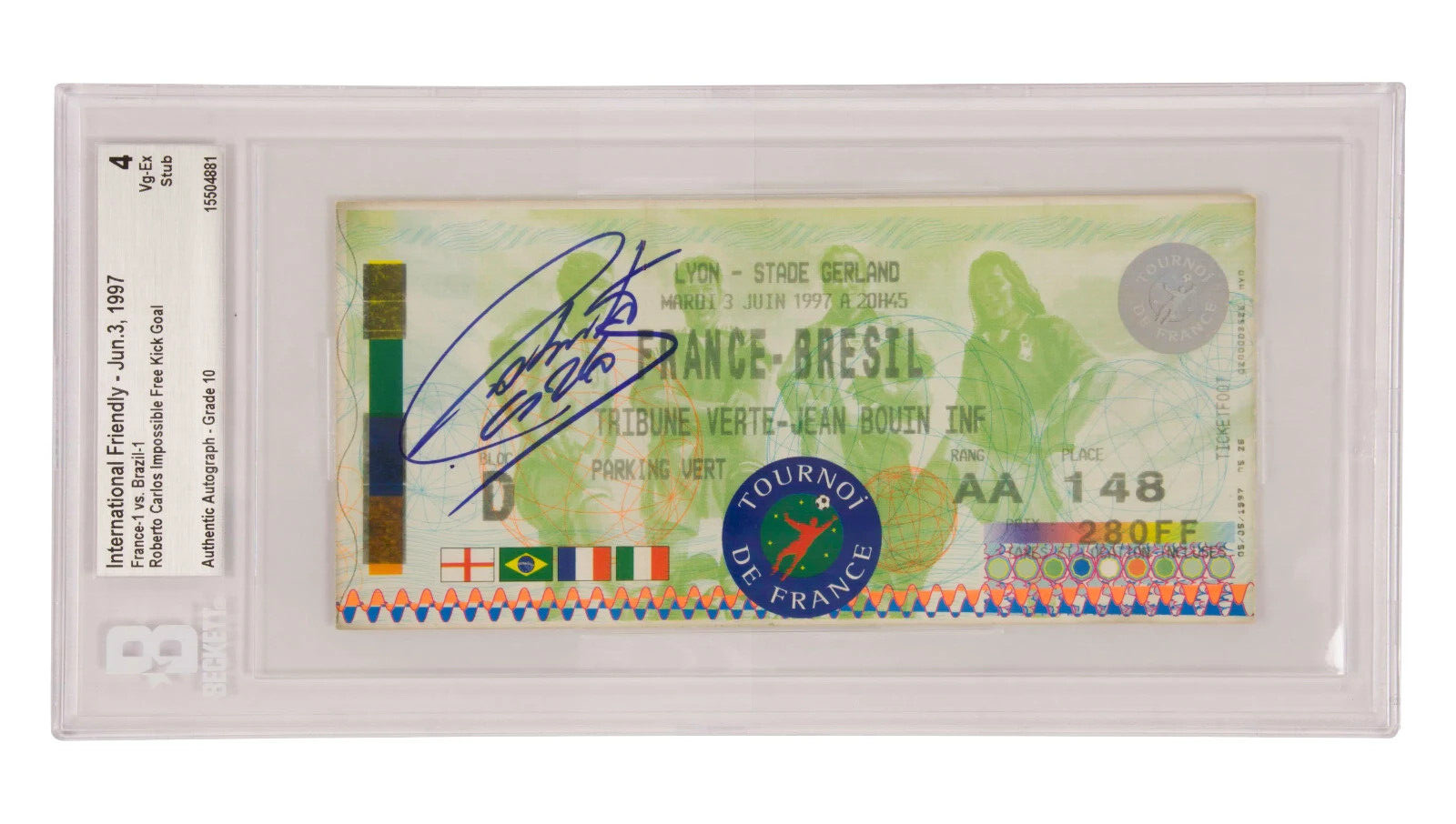 Roberto Carlos Signed 1997 The Impossible Free Kick Goal Match Ticket – BGS 4